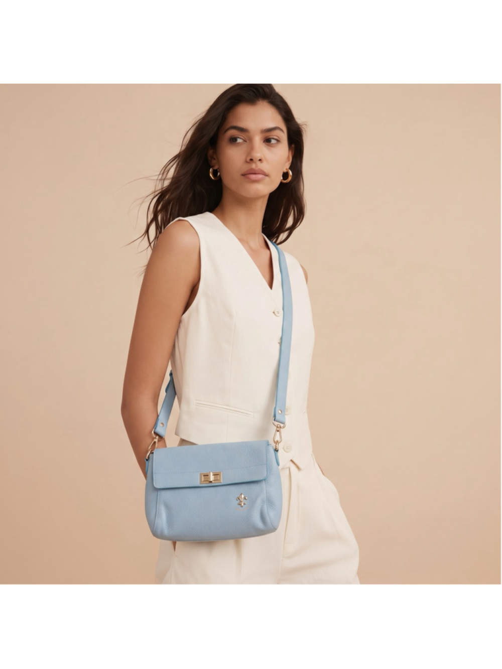 Virginia Conti Italy Light Blue Pebbled Leather Turn-Lock Handbag